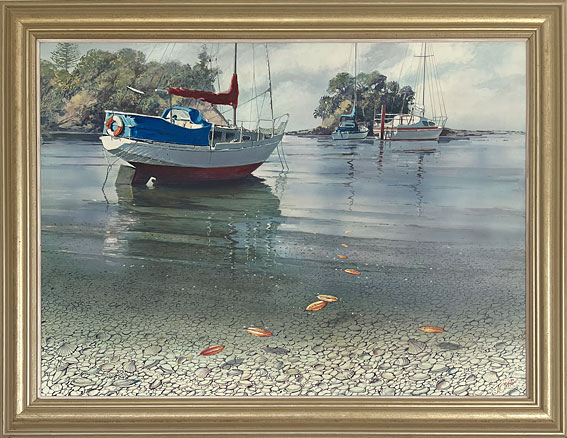 John Clifford nz realsit artwork, acrylic on board, Torbay, Waiake Beach, Auckland